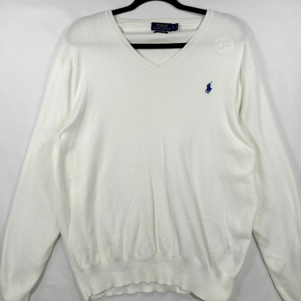 Polo Ralph Lauren White Pima Cotton V-Neck Sweater Size L